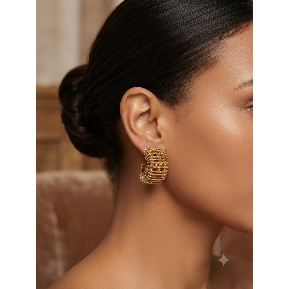 Vintage Gold Tone Chunky Textured Rope‎ Clip On Hoop Statement Earrings 1 Inch